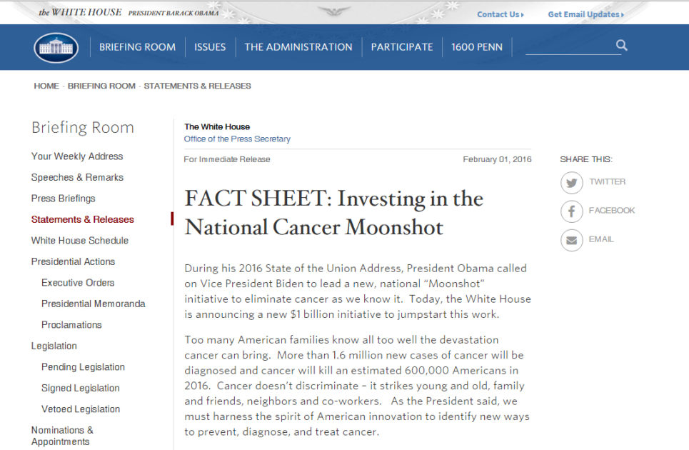 WHITE HOUSE PRESS RELEASE: Investing In The National Cancer Moonshot - ACCO